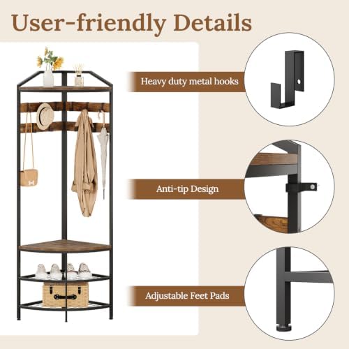 GiftGo Corner Hall Tree with Shoe Bench Entryway Coat Rack with 10 Metal Movable Hooks Floor Standing Clothes Rack Shoes Shelf Organizer for Home Office Bedroom (Rustic Brown) - Image 5