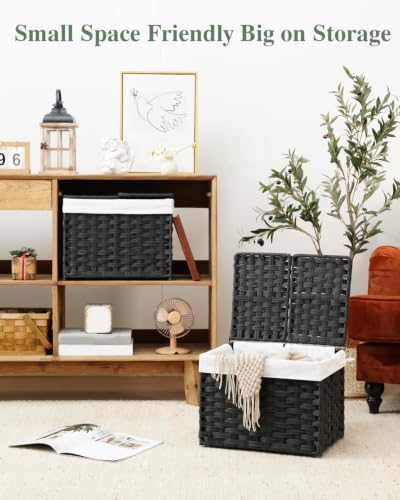 SETVSON Storage Basket with Lid, 2-Lid PE Rattan Storage Bin, Black - Image 3