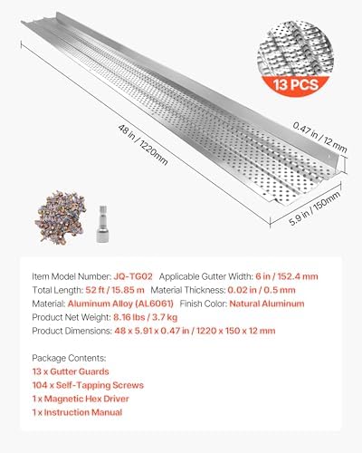 VEVOR Gutter Guard, 6 in Aluminum Gutter Cover Heavy-Duty, 52ft Length Protection Cover for Leaf & Debris, 0.02 in Thickness Mill Finish, Easy DIY Install, Fast Drainage, Screws Included, 13 PCS - Image 7