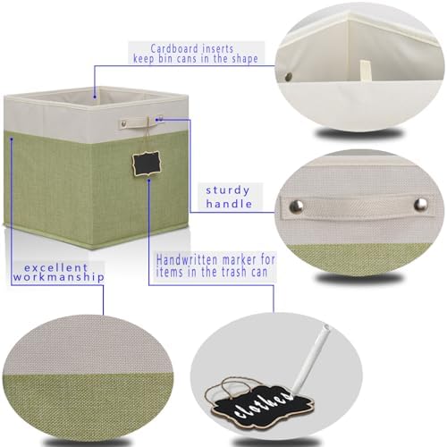 15x13x13 inch cube storage bin,Collapsible Fabric Storage Cubes with Labels 4 Pack,Linen Cube Storage Organizer Bins with Cotton Handles for Home,Nursery,Clothes,Shelves and Closet(White green). - Image 5