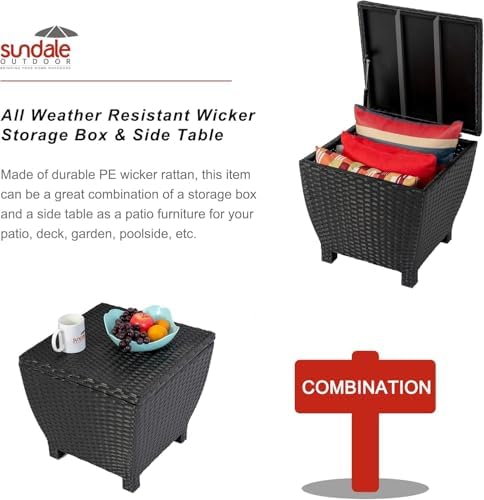 Sundale Black Wicker Storage Box, 13 Gallon Outdoor Deck Bin with Lid - Image 6
