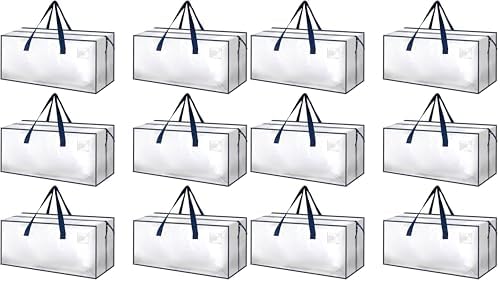 HealSmart 12 Pack Extra Large Moving Bags with Zippers & Carrying Handles, Heavy-Duty Storage Tote Moving Boxes for Dorm Room Essentials Storage Bags, Clear by HealSmart