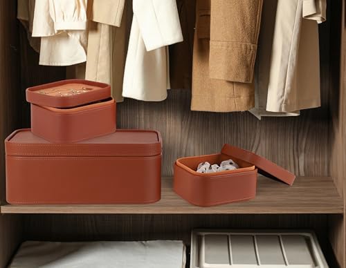 HofferRuffer Faux Leather Decorative Storage Boxes, Dust proof Storage Shelf Baskets with Lids Trays, Storage Bins Memory Box Organizer for Home, Office, Jewelry & More, Set of 3 (Brown) - Image 5