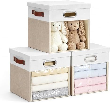 13x13 Inch Ultra Thick Fabric Storage Bins with Lids & Windows, 3P by Roobyl