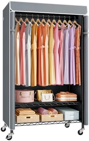 ULIFHOME P6C Rolling Clothes Rack with Cover, 3-Tier Covered Clothing Rack by UlifHome