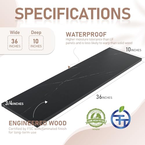 Kaboon 36 inch Long 10 inch Deep Floating Shelves for Wall Set of 2, Large Open Shelves Wall Mounted, Space Saving Home and Commercial Use, Cloud Atlas/Black Marble - Image 3