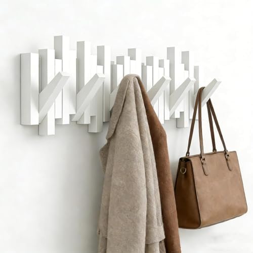 ELECANE Key Holder Wall Mount, Splicable Wooden Piano Coat Rack Wall Mount, Modern Wall Art Flip Down Magnetic Hooks Wall Hook Hat Hanger for Entryway Key Holder Bedroom Kitchen (White, 6 Hooks) by Unknown