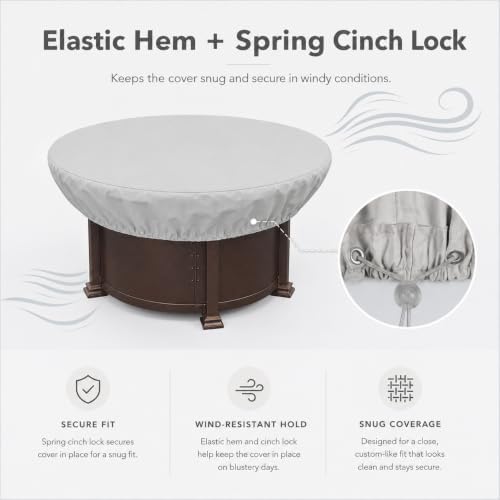 Treasure Garden Round Fire Pit Cover, 300D Polyester Outdoor Table & Ottoman Cover, Water Resistant, UPF50+ UV Protection, Elastic Hem, Spring Cinch Lock, Built-In Storage Pouch, Gray, 55 in - Image 4