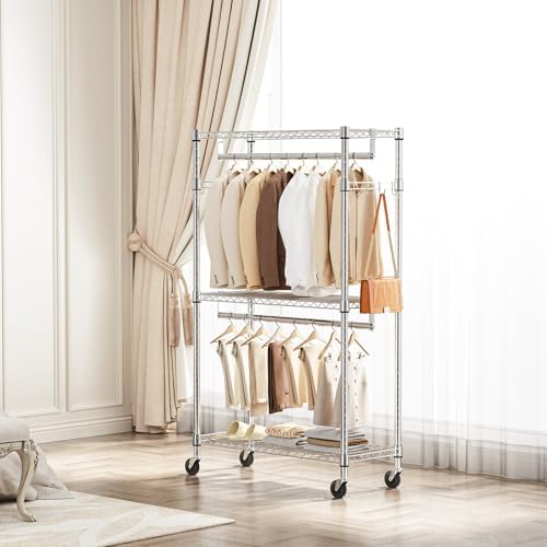 M MZG Heavy Duty Rolling Garment Rack 3 Tiers Adjustable Wire Shelving Clothes Rack with 2 Rods and Side Hooks,Storage Closet Clothing Rack with Wheels Chrome 15.7" D x 29.5" W x 74.5" H - Image 2