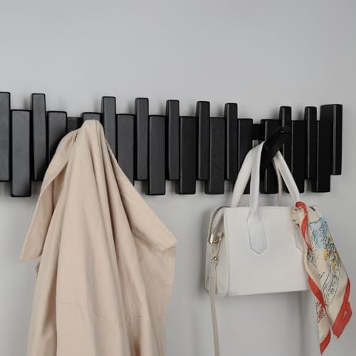 Beech Piano Key Coat Rack with 12 Flip Hooks, Black - Image 2