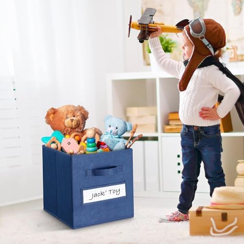 13x13x13 storage cube bins (Set of 10) Fabric storage cubes with 10 Labels Window Cards & a Pen, storage cubes 13x13, Collapsible 13 inch cube storage bins, Cubby Organizer Boxes, Navy Blue - Image 5