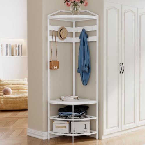 GiftGo Corner Hall Tree with Shoe Bench Entryway Coat Rack with 10 Metal Movable Hooks Freestanding Clothes Rack Shoes Shelf Organizer for Home Office Bedroom (White) - Image 3