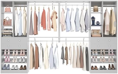 [10 FT Closet System] 120 Inch Reversible Set of 2 Wood Closet Organizer System with 4 Drawers, 6 Hanging Rods Adjustable Shelf, Shoe Rack, Morandi Grey by Besiost