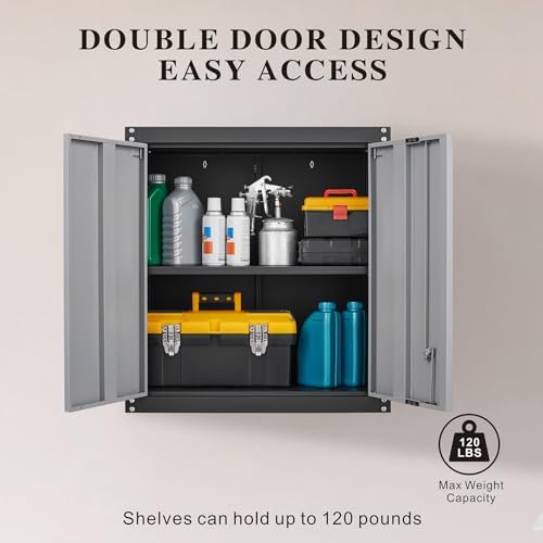 GREATMEET Lockable Storage Cabinet, Metal Garage Storage Cabinets, Metal Wall Cabinet for Garage, Wall Mount Cabinet with Lock and Adjustable Shelf, Floating, Black&Grey - Image 5