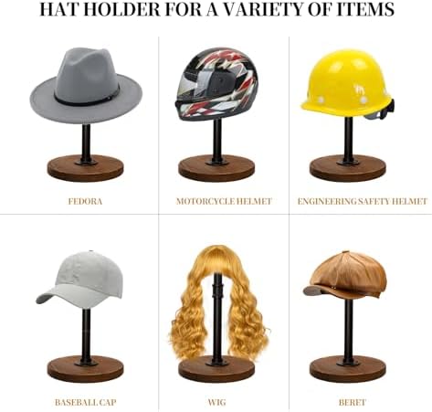 exquis Adjustable Helmet & Hat Display Stand – Rustic Wood Base with Matte Black Metal Rod, Height Adjustable 12"–17.5", Set of 2 - Image 6