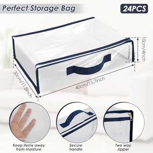 24 Pack Clear Storage Bags with Zipper,12L Plastic Blanket Storage Bags Waterproof Moving Bags Foldable Closet Organizer Handle for Clothing Bedding Linen Sweater Bed Sheet Clothes,15.7x11.8x3.9 Inch - Image 4