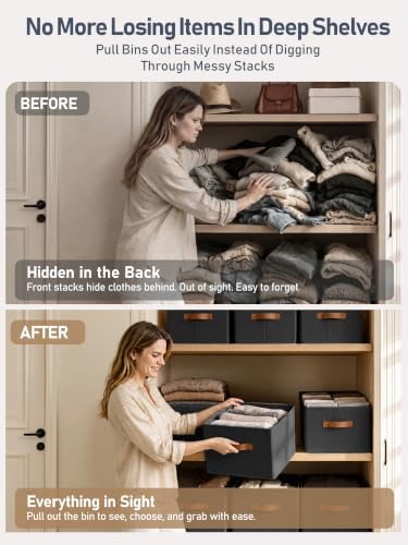 8 Pack Large Closet Storage Baskets Bins for Shelves, Collapsible Fabric Closet Organizers and Storage with Polyester Handles, Decorative Baskets for Organizing Clothes, Towels, Linen Closet 16x12x10" - Image 6