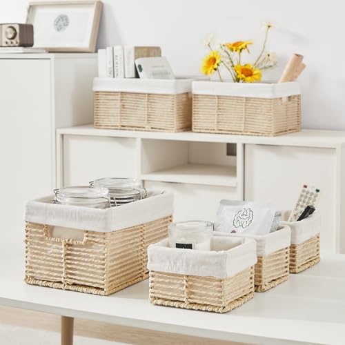 Vagusicc Wicker Storage Baskets, 6 Pack Baskets for Organizing, Wicker Basket with Handle, Rectangular Basket for Storage Shelves, Cube Storage Bins for Closet/Clothes/Dresser, Beige - Image 6