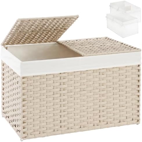 SETVSON Storage Basket with Lid 160L Wicker Baskets Storage Light Khaki by SETVSON