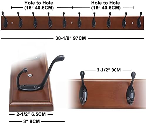 Dseap Coat Rack Wall Mounted: 10-Hooks, 16" Hole to Hole, 38-1/4" Long, Wood Coat Hooks Wall Mounted, Hook Rack, Hook Rail, Hooks for Hanging Coats, Brown & Black - Image 2