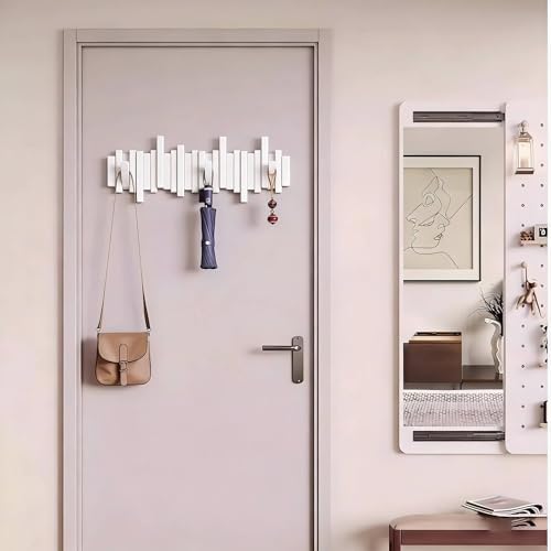 ELECANE Key Holder Wall Mount, Splicable Wooden Piano Coat Rack Wall Mount, Modern Wall Art Flip Down Magnetic Hooks Wall Hook Hat Hanger for Entryway Key Holder Bedroom Kitchen (White, 8 Hooks) - Image 5