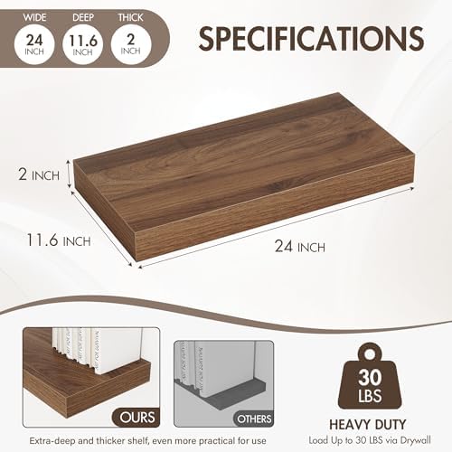 Acovy 24 Inch Floating Shelves, 12" Deep Floating Shelf Wall Mounted, 24" Wall Shelves, Rustic Deep Bookshelf, Extra Deeper & Thicker Display Shelves for Bedroom, Living Room, Walnut, Set of 2 - Image 4