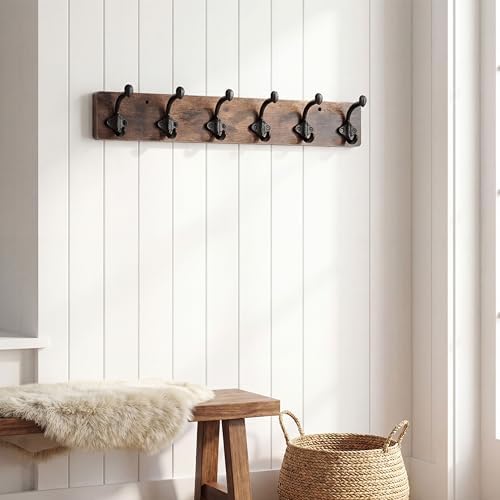 WEBI Rustic Coat Rack Wall Mount,24" Long 6 Cast Iron Coat Hooks Wall Mounted,Heavy Duty Farmhouse Wood Coat Hanger Wall Antique Vintage Hooks for Hanging Jacket,Clothes,Backpack,Rustic Brown,2 Packs - Image 5
