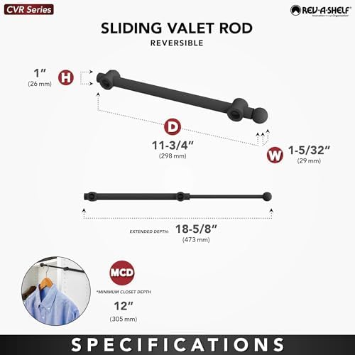 Rev-A-Shelf 12" Pull Out Valet Rod for Closet Organization, Extendable Sliding Clothes Storage Hanging Rack w/Hardware, Chrome, CVR-12-CR, (4 Pack) - Image 4