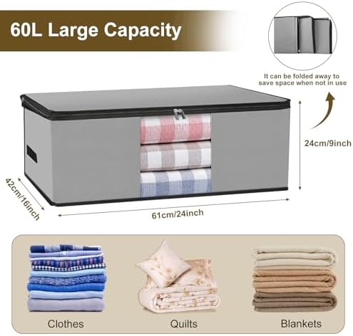 Cozary Pack of 3 60 L Underbed Storage Box, Foldable Storage Bag with Lid and Clear Window, Underbed Storage with Handle for Blankets, Bedding, Grey - Image 2