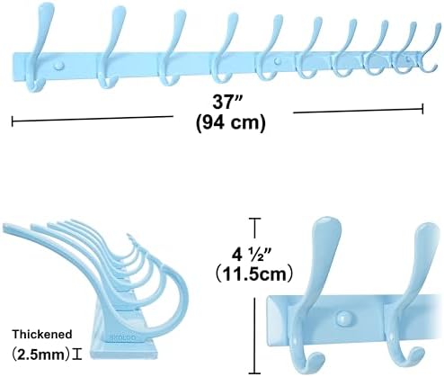 SKOLOO Coat Rack Wall Mounted - 10 Hooks, Pack of 2, Heavy Duty, Stainless Steel, Metal Coat Hanger, Sturdy Wall Hooks for Hanging Coats, Jacket, Clothes, Hat, Blue - Image 5