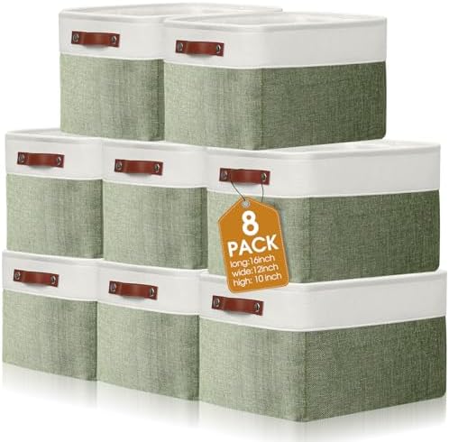 Uiifan 8 Pack 16 x 12 x 10 Inch Large Storage Baskets Collapsible Fabric Storage Cubes Bins with Handles for Shelves Closets Nursery Home Clothes Toys Organizers, Green by Uiifan