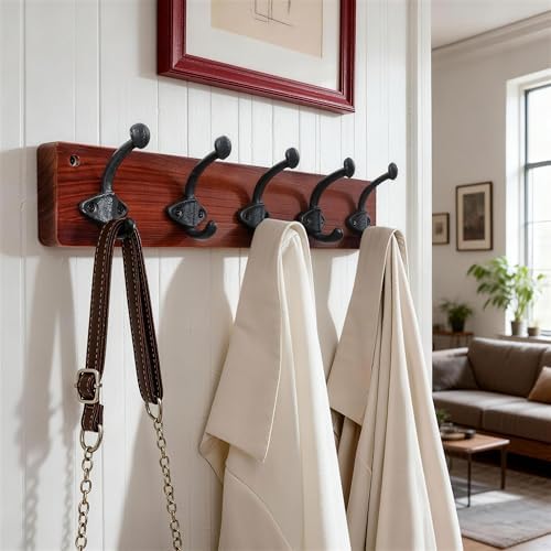 WEBI Rustic Coat Rack Wall Mount,5 Cast Iron Coat Hooks Wall Mounted,Heavy Duty Farmhouse Wood Coat Hanger Wall Antique Vintage Hooks for Hanging Jacket,Clothes,Backpack,Cherry,2 Packs - Image 2