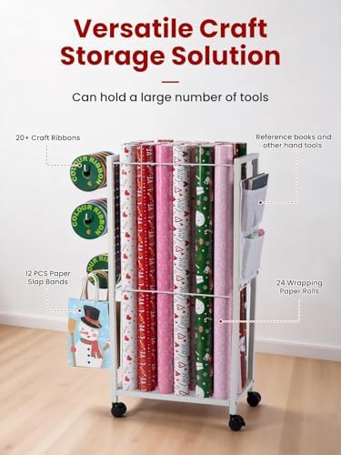 Wrapping Paper Cart - Gift Wrapping Paper Organizer Storage, Rolling Gift Wrap Storage Stand, Ribbon Organizers, 12 PCS Slap Bracelets - Image 3