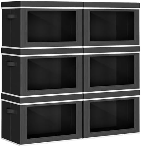 Homsorout Collapsible Storage Bins with Lids - Stackable Storage Containers with Window, 6 Pack Fabric Organizing Bins for Closet, Home & Office Organization Baskets, Black, 14.9" x 9.8" x 9.8" by Homsorout