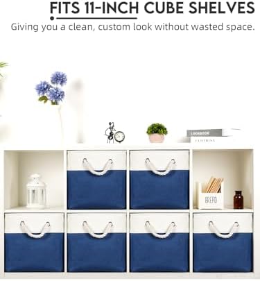 Temary Cube Storage Baskets 11x11, Set of 6 Decorative Fabric Bins with Metal Frame Around the Top Rim, Sturdy Collapsible Organizers for Closet, Office (White & Dark Blue) - Image 4