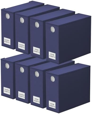 SpaceAid 8 Pack Bed Sheet Organizers and Storage, Foldable Sheet Organizer for Linen Closet, Sheets Set Folder Keeper with Window XL (Queen & King Size) Bedding Container (Navy Blue, 8 Pack) by SpaceAid