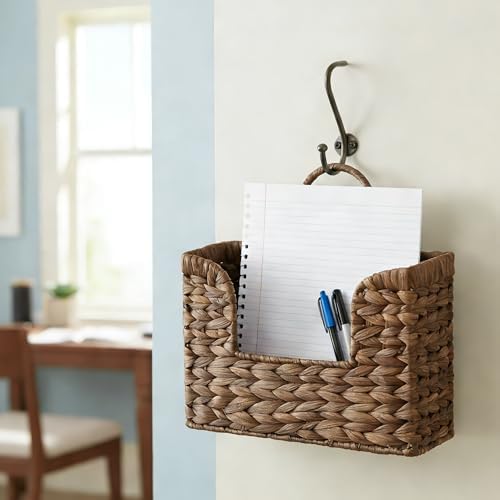 Set of 2 Magazine Holder Wall Basket Water Hyacinth Woven Mail Organizer, Wicker Wall Hanging Baskets for Magazines, Letters & Storage Decorative Mail Holder, Magazine Rack, Hanging Basket, Coffee - Image 6