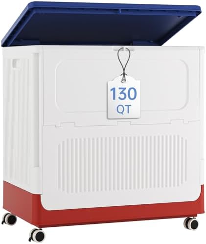 HAIXIN 130QT Large Storage Bin with Lid and Wheels, White-Blue-Red by HAIXIN