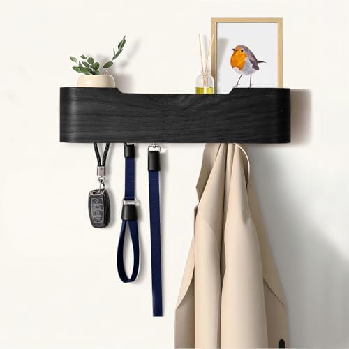 Coat Rack Wall Mount with Hidden Hooks, Wall Hooks with Shelf, Wall Key Holder Mount Wooden Shelf Entryway Hooks for Bedroom Bathroom for Hanging Coats Hats Bags Towels (Black, 4 Hooks) by Nevsokio