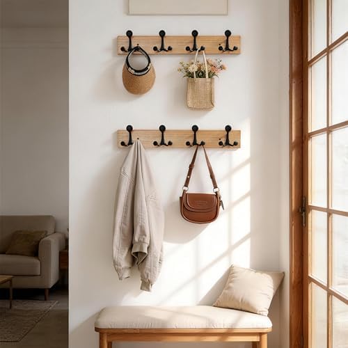 SKOLOO 24-Inch Wood Coat Rack Wall Mount with 4 Triple Hooks - Ideal for Family Entrances, Classrooms, and Pet Supplies Storage - Perfect Coat Hooks for Wall, Black on Natural - Image 3