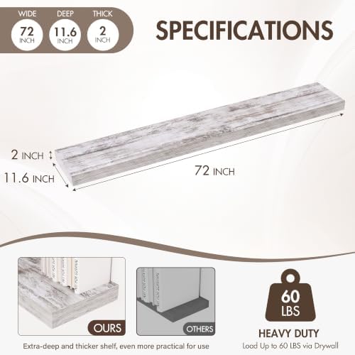 Acovy 72 Inch Floating Shelves, 12" Deep Floating Shelf Wall Mounted, 72" Wall Shelves, Rustic Deep Bookshelf, Extra Deeper & Thicker Display Shelves for Bedroom, Living Room, Set of 2 - Image 3