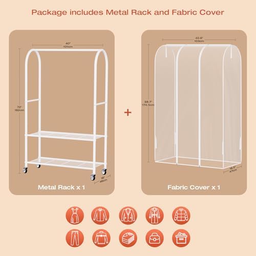 Univivi Rolling Clothes Rack with Clear Dust Cover and Bottom Storage Shelf - Image 2