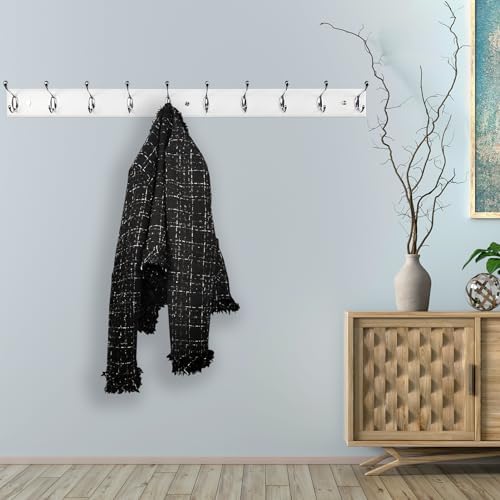 37 Inch Long Wooden Wall Mounted Coat Rack with 10 Silver Chrome Hooks for Entryway and Bedroom to Hang Coats, Hats - Heavy Duty Hooks School Bag - Image 3