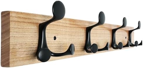 SKOLOO 24-Inch Wood Coat Rack Wall Mount with 4 Triple Hooks - Ideal for Family Entrances, Classrooms, and Pet Supplies Storage - Perfect Coat Hooks for Wall, Black on Natural by SKOLOO