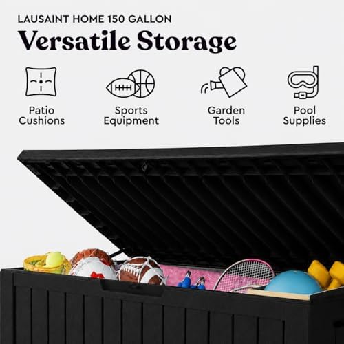 LAUSAINT HOME 150 Gallon Resin Deck Box, Package Delivery Box with Lockable Lid, Waterproof Outdoor Storage Box For Garden Tools, Patio Cushions(150 Gallon,Black) - Image 4