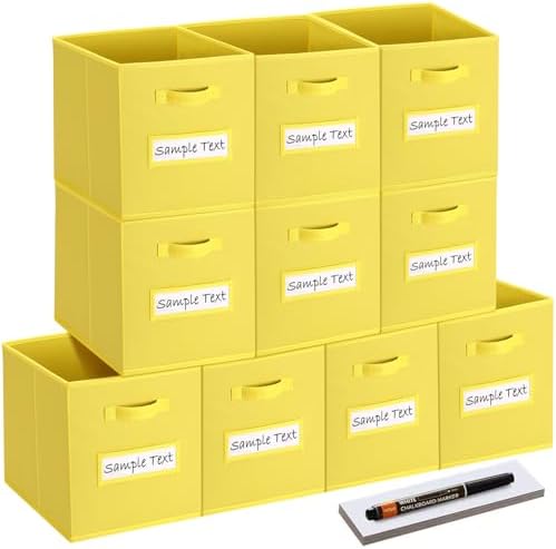 11x11 storage cube bins (Set of 10) Foldable Fabric storage cubes with 10 Labels Window Cards & a Pen,11 inch cube storage bin,Closet Organizers for Shelves,Cubby Organizer Boxes,Dark Yellow by Artsdi