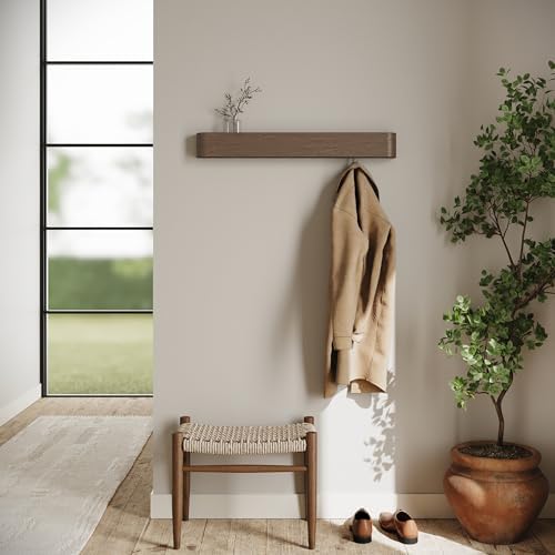 Kazai. Wall-Mounted Coat Rack 'Toke' - Modern Design Coat Rack with Hidden Wall Hooks - Solid Wood Veneer Panel Coat Hanger - Oak, Dark - Image 6