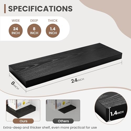 Acovy 24 Inch Floating Shelves, 8 Inch Deep Floating Shelves for Wall, Hanging Shelf with Invisible Brackets, Deep Shelves for Bathroom, Bedroom, Living Room, Black, Set of 2 - Image 3