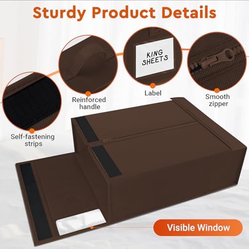 StorageTastic 8 Pack Bed Sheet Closet Organizers and Storage,Sturdy Foldable Storage Containers with Window and Label,Storage and Organization for Bedding Sheets,Duvet Covers,Blankets (Brown) - Image 5