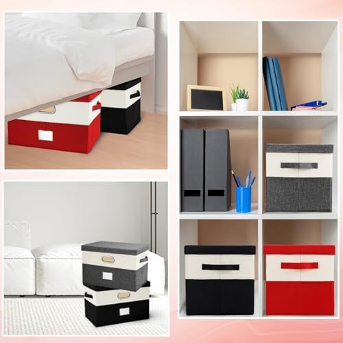 Large Linen Fabric Foldable Storage Bins with Removable Lid and Handles, Washable Storage Box Organizer Containers Baskets Cube with Cover for Bedroom,Office(Red&Cream, Large(2-Pack)) - Image 4